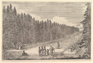 噴水の路地、中央の人々のグループ、右に座っている人と犬、2、...、ca。 1653年。 作： Stefano della Bella