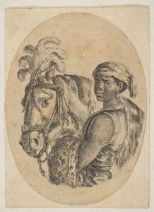 黒の奴隷はヒョウの毛皮を運び、馬の手綱をいくつかの頭から持ちます...、1649-50。 作： Stefano della Bella