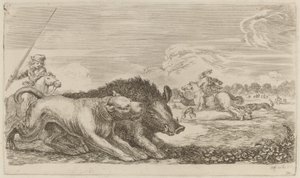 犬に追われるイノシシ。 作： Stefano della Bella