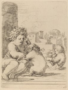 犬と遊ぶ子供。 作： Stefano della Bella