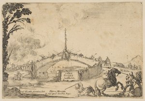橋の上での戦闘、騎手と 2 人のフットソルジャーが右下で剣を持って戦う..., ca. 1645年。 作： Stefano della Bella