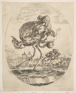 乳児を携えた死、5人の死Les cinq Morts、ca。 1648。 作： Stefano della Bella