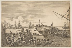 リボルノ港の眺めからの、リボルノ港のゲラ出発...、1654-55。 作： Stefano della Bella