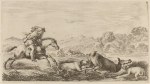 2 匹の犬に襲われた湿地のドウ。 作： Stefano della Bella