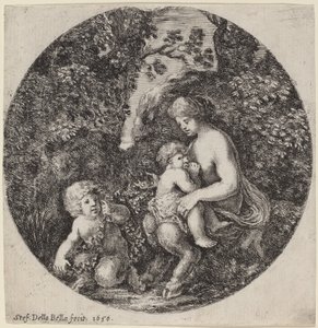 樹木が茂った風景の中で子供を看護する女性のサテュロス 作： Stefano della Bella