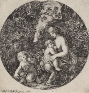 樹木が茂った風景の中で子供を看護する女性のサテュロス、1656年。