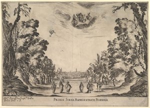 フィレンツェでの最初のシーン、1637年、神の結婚Le nozze degli Deiから。 作： Stefano della Bella