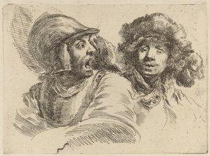 おびえた兵士と毛皮の帽子をかぶった男 作： Stefano della Bella