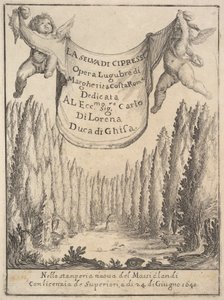 サイプレスフォレストのフロントピースLa selva di cipressi：2つのプッティがタペストリーを収める...、1640 作： Stefano della Bella