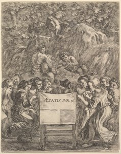 スカロンの作品の口絵、スカーロン、椅子に座っている詩人...、1649年。 作： Stefano della Bella