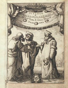 ガリレオ（左）とプトレマイオス（中央）、コペルニクスとの対話（『Dialogo sopra i due Massimi Sistemi del Mondo, Tolemaico e Copernicano（プトレマイオス主義とコペルニクス主義の2つの主要な世界システムに関する対話）』の扉絵