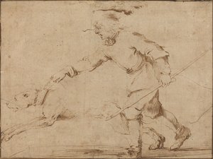 ひもにつながれた猟犬とハンツマン 作： Stefano della Bella