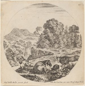動物と 2 頭の羊飼いのいる風景 作： Stefano della Bella