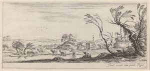 小川を渡る準備をしている農民のいる風景、1647 年以前。 作： Stefano della Bella