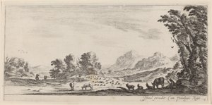 群れを守る羊飼いのいる風景、1647 年以前。 作： Stefano della Bella
