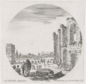 コロッセオとコンスタンティヌス帝の凱旋門のある風景 ローマの風景と遺跡（連載タイトル） Paysages et Ruines de Rome (シリーズタイトル) 作： Stefano della Bella
