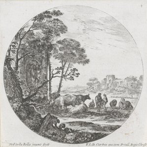 群れとコリント式首都のある風景 ローマの風景と遺跡（連載タイトル） Paysages et Ruines de Rome (シリーズタイトル) 作： Stefano della Bella