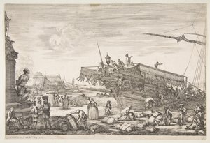 リヴォルノ港のビューからゲラに荷を積むビューデュポートドリヴォルヌ、1654-55。