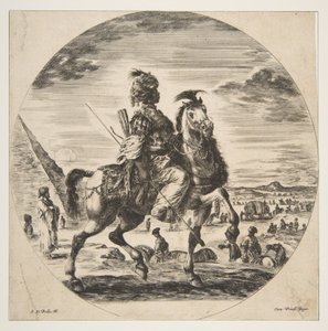 右を向いた横顔のムーア人の騎士、左がピラミッド型の背景、多くのフィ... 1651年。 作： Stefano della Bella