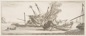 海戦、後ろから見た中央の船、4隻の敵船に発砲、別の...、約。 1641年。 作： Stefano della Bella