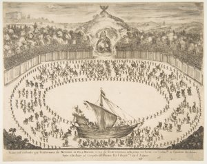 パレードは船、モデナ大公の紋章、1652年の形で浮かんでいます。 作： Stefano della Bella