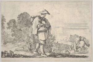 プレート 11: 中央で帽子をかぶった農民が右に向かって歩いている。 1641年。 作： Stefano della Bella