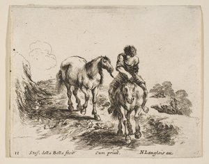 プレート11：正面から見た、別の馬を先頭にした、ダイバーからの若い騎士...、およそ。 1644-47。 作： Stefano della Bella