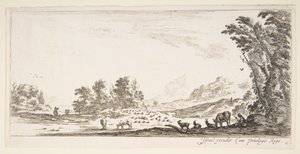 プレート11：木の下の右側に座って、左側に群れを見ている羊飼い... 1641年。 作： Stefano della Bella