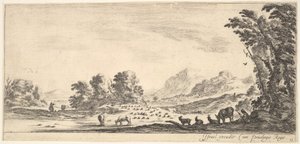 プレート11：木の下の右側に座って、左側に群れを見ている羊飼い... 1641年。 作： Stefano della Bella