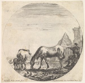 プレート11：背景の右側にあるカイウスケスティウスのピラミッド、放牧されている馬...、ca。 1643-48。 作： Stefano della Bella
