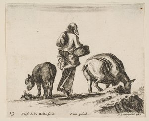 プレート13：後ろから見た農民の女性、中央にバスケットを持って、ロバ...、およそ。 1644-47。 作： Stefano della Bella