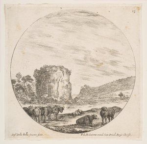 プレート13：ローマの風景の中の寺院の遺跡、ローマの風景と遺跡P ...、およそ1646年。 作： Stefano della Bella
