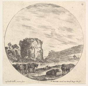 プレート13：背景にある古代寺院の遺跡、前景にある牛の群れ...、ca。 1643-48。 作： Stefano della Bella