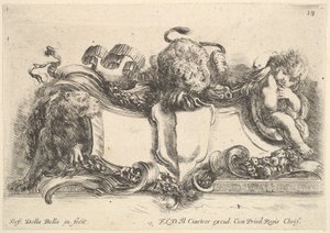 プレート 18: 空の紋章を含むカルトゥーシュ、2 頭の雌ライオン、左に 1 頭、中央に 1 頭、1646 年。 作： Stefano della Bella