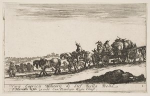 プレート1：人や物を運ぶ馬が引くカート、手前の死んだ馬、f ...、ca。 1641年。 作： Stefano della Bella