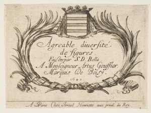 プレート1：タイトルと献辞を囲む2つの掌と紋章、「Vari...、1642年」のタイトルページ。 作： Stefano della Bella