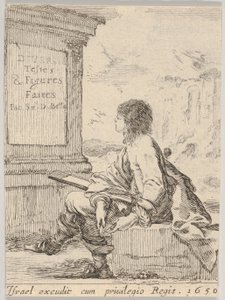 プレート1：石の上に座って、横向きで左を向いた、1650年に描画パッドを持っている若い男。