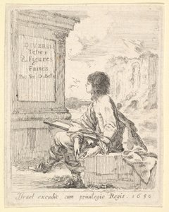 プレート1：石の上に座って、横向きで左を向いた、1650年に描画パッドを持っている若い男。