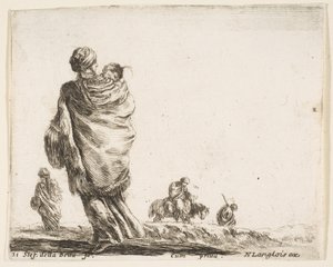 プレート21：後ろから見て左の貧しい女性が子供をショールで包んでいる...1644-47年頃。 作： Stefano della Bella