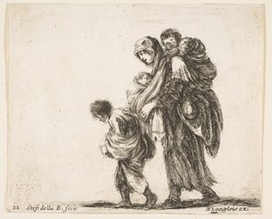 プレート22：3人の子供、肩に1人の子供、1人の子供がいる乞食女... 1644-47。 作： Stefano della Bella