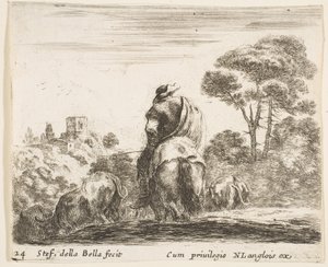 プレート24：後ろから見た馬の上の牧夫が彼の牛を丘に降ろします... 1644-47。 作： Stefano della Bella