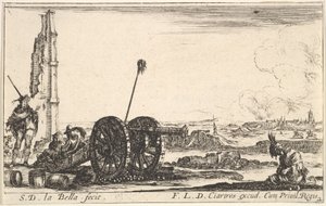 プレート2：左側にある大砲、背景の町、さまざまなミリタリーカプリク...、ca。 1641年。 作： Stefano della Bella