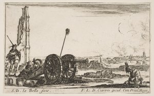 プレート2：左側にある大砲、背景の町、さまざまなミリタリーカプリク...、ca。 1641年。 作： Stefano della Bella