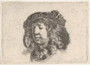 プレート 34: 数枚の羽で飾られた帽子をかぶった若い男性の頭。 1646年。 作： Stefano della Bella