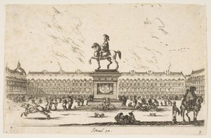 プレート3：ラプレイスロワイヤル、ルイ13世の騎馬像、左側の正面を向いて...、1642年。 作： Stefano della Bella