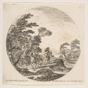 プレート3：森の強風、マントに包まれた2人の騎手、風のブロー...、ca。 1646年。 作： Stefano della Bella