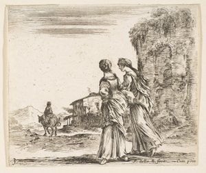 プレート3：後ろから見て左側に歩く2人の女の子、馬に乗った女性...、ca。 1644-47。 作： Stefano della Bella