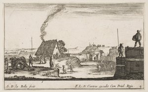 プレート4：兵士が欄干に立って右の美人に向かっている軍の野営地、およそ。 1641年。 作： Stefano della Bella