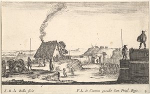 プレート4：兵士が欄干に立って右の美人に向かっている軍の野営地、およそ。 1641年。 作： Stefano della Bella