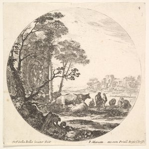 プレート4：フォアグラウンドで左に地面にあるコリント式の首都、記念碑w ...、ca。 1643-48。 作： Stefano della Bella